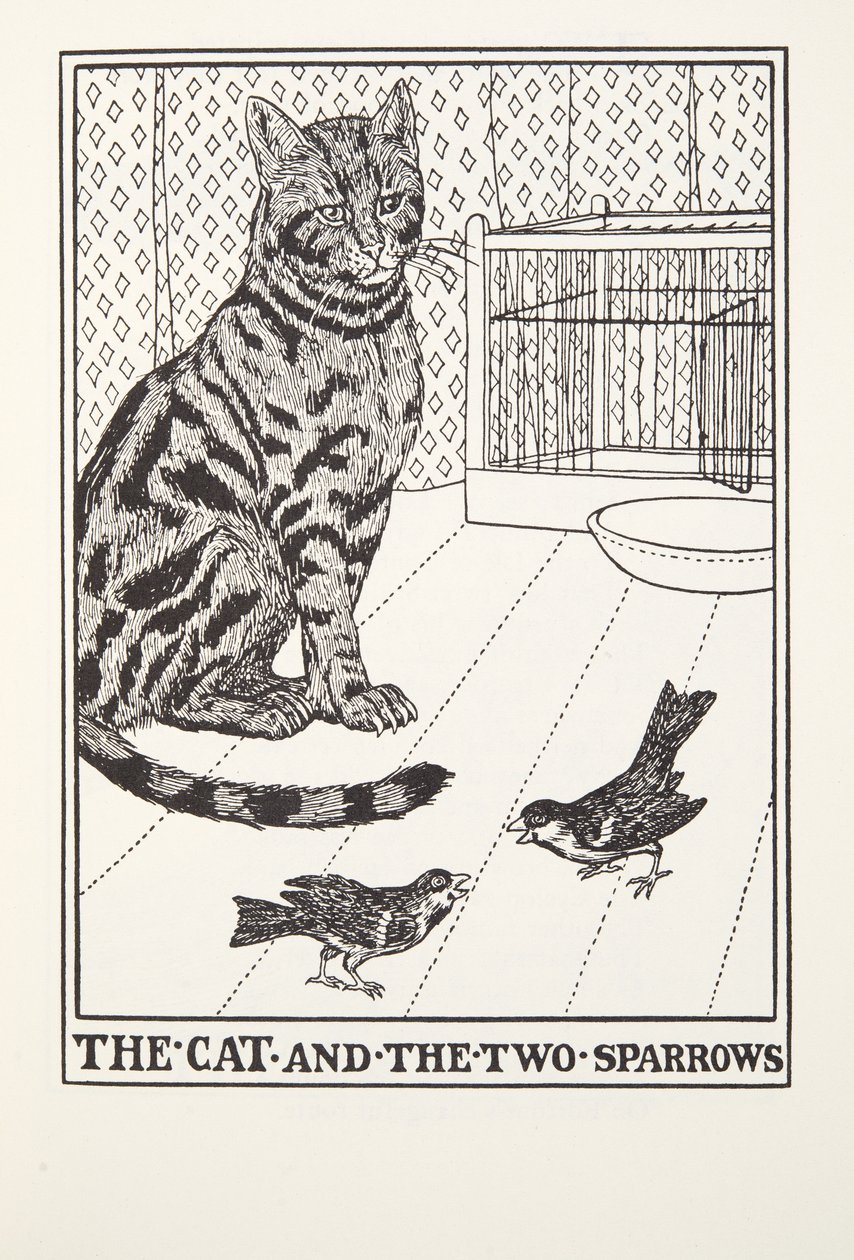 The Cat and the Two Sparrows, fra Fontaine Fables, pub. 1905 af Percy J. Billingshurst