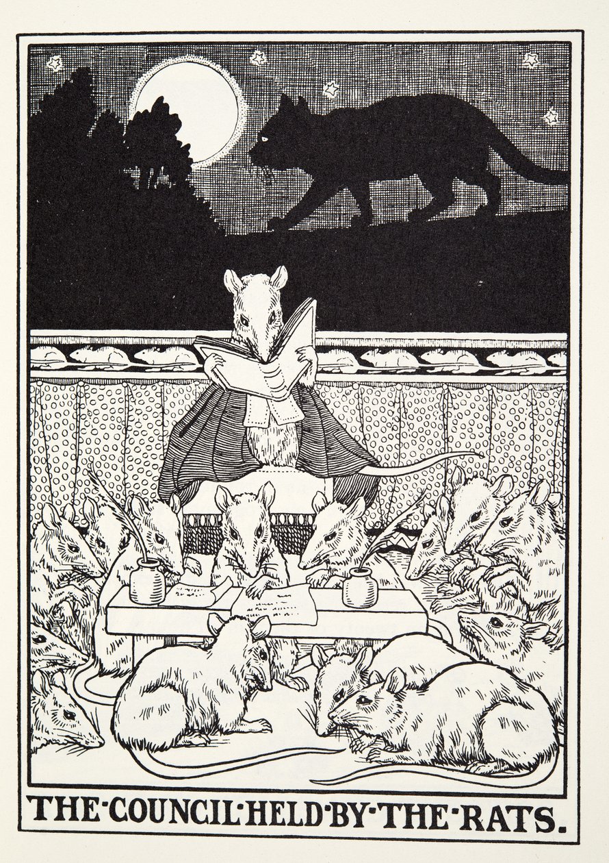 Rådet, der blev afholdt af rotterne, fra Fontaine Fables, pub. 1905 af Percy J. Billingshurst