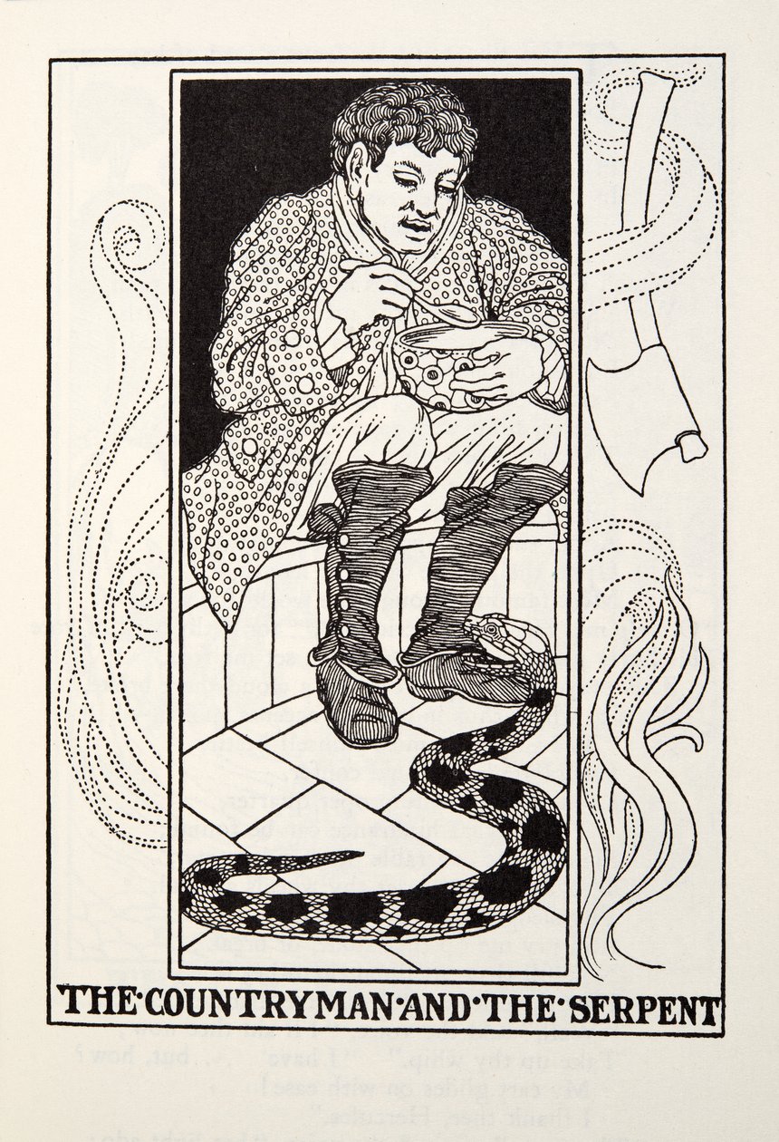 The Countryman and the Serpent, fra Fontaine Fables, pub. 1905 af Percy J. Billingshurst