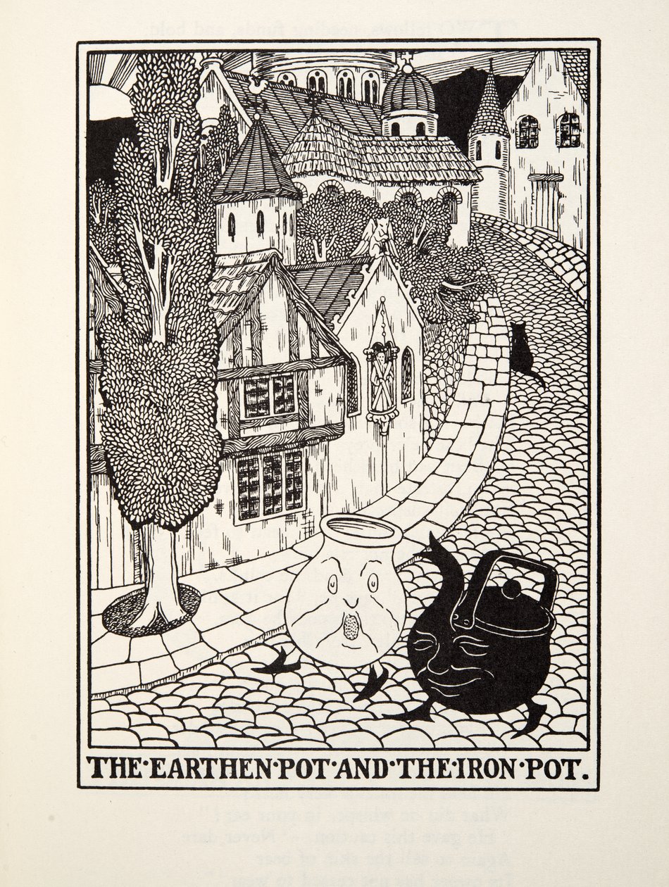 The Earthen Pot and the Iron Pot, fra Fontaine Fables, pub. 1905 af Percy J. Billingshurst