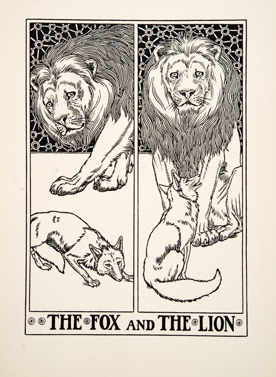 The Fox and the Lion, fra A Hundred Fables of Aesop, pub.1903 (gravering) af Percy J. Billingshurst