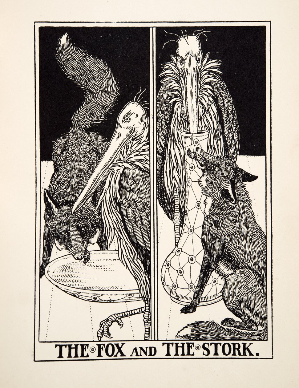 Ræven og storken, fra Æsops hundrede fabler, udg. 1903 af Percy J. Billingshurst