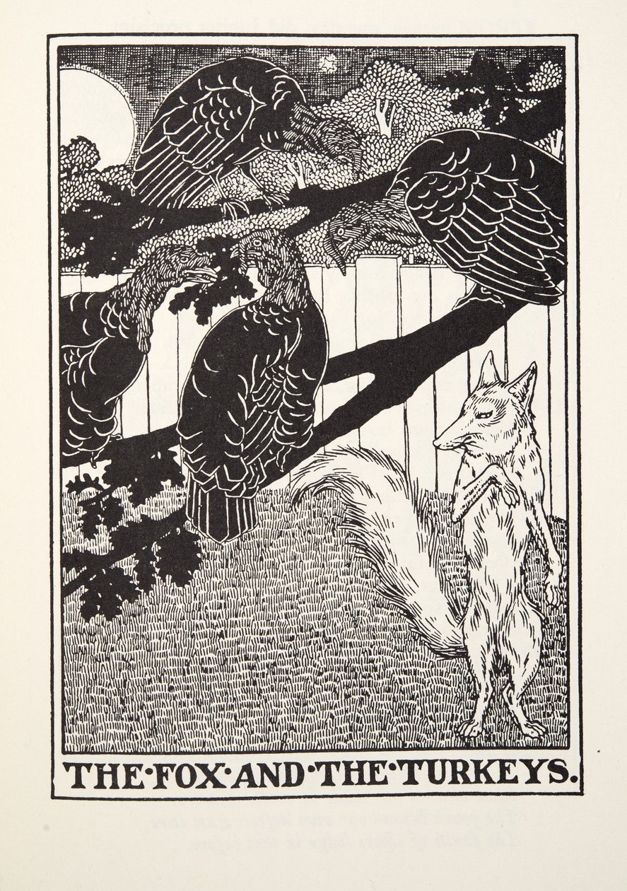 The Fox and the Turkeys, fra Fontaine Fables, pub. 1905 af Percy J. Billingshurst