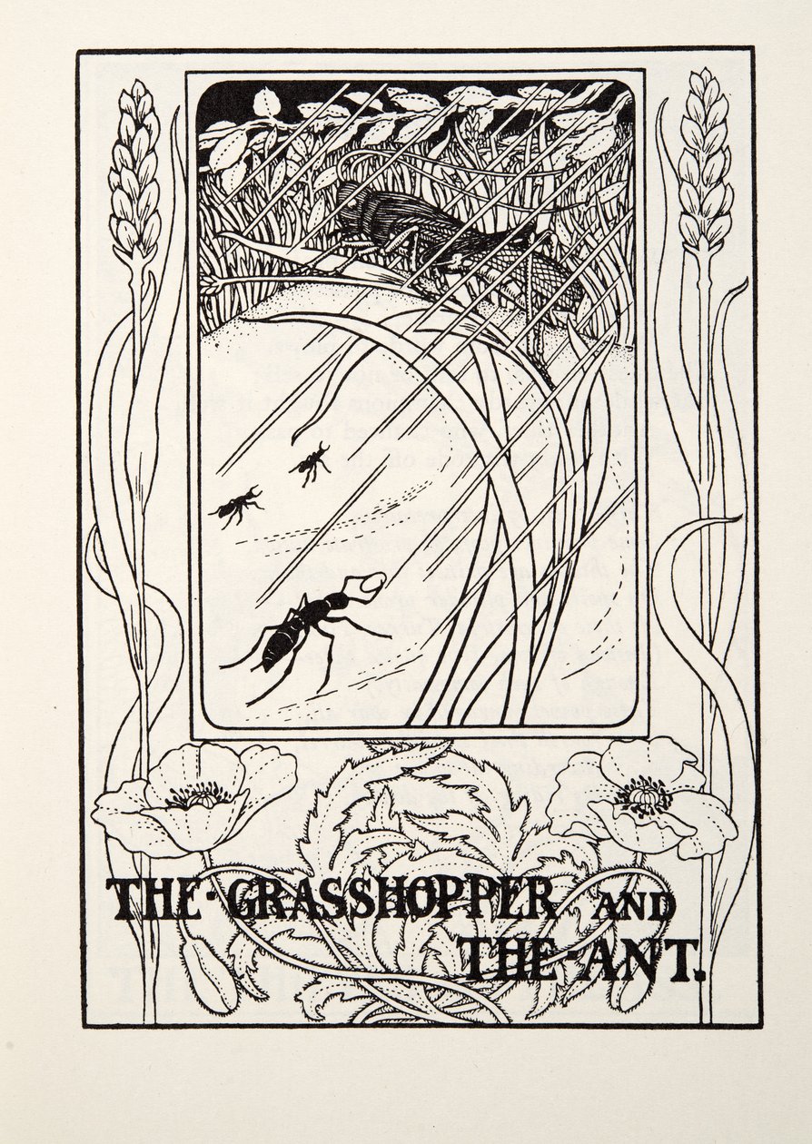 Græshoppen og myren, fra Fontaine Fables, pub. 1905 af Percy J. Billingshurst