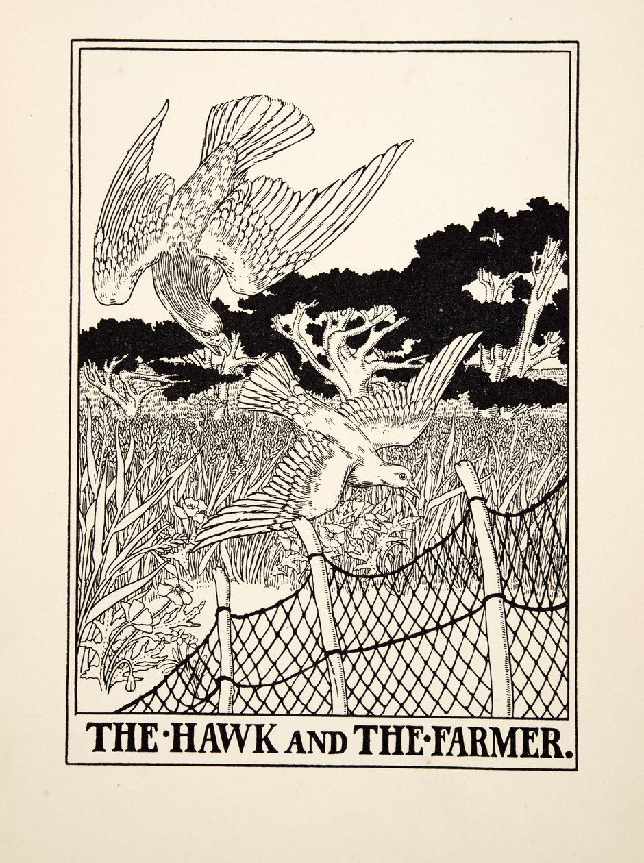 The Hawk and the Farmer, fra A Hundred Fables of Aesop, pub.1903 (gravering) af Percy J. Billingshurst