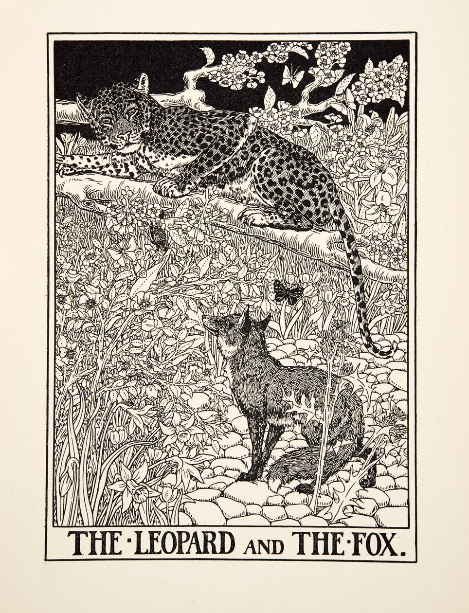 Leoparden og ræven, fra Æsops hundrede fabler, udg. 1903 af Percy J. Billingshurst