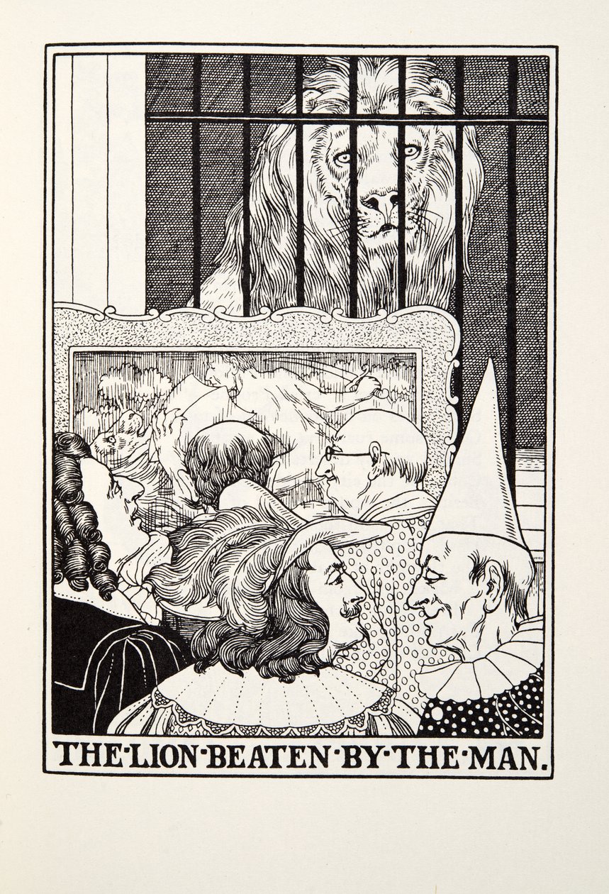 Løven slået af manden, fra Fontaine Fables, pub. 1905 af Percy J. Billingshurst