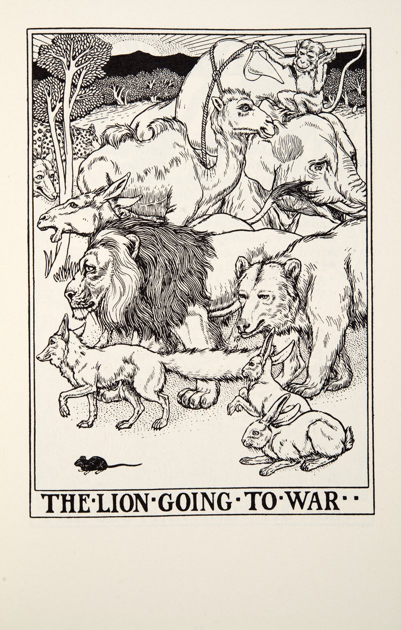 The Lion Going to War, fra Fontaine Fables, pub. 1905 af Percy J. Billingshurst