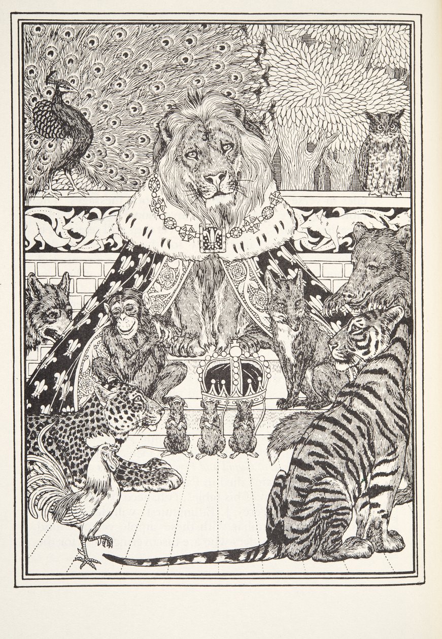 The Lion and his Associates, Frontispice, fra Fontaine Fables, pub. 1905 af Percy J. Billingshurst