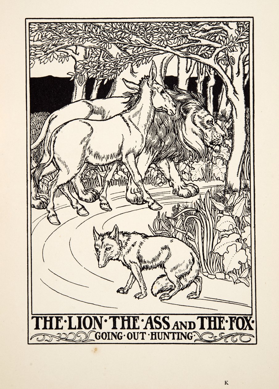 Løven, æslet og ræven går på jagt, fra A Hundred Fables of Aesop, pub.1903 (gravering) af Percy J. Billingshurst