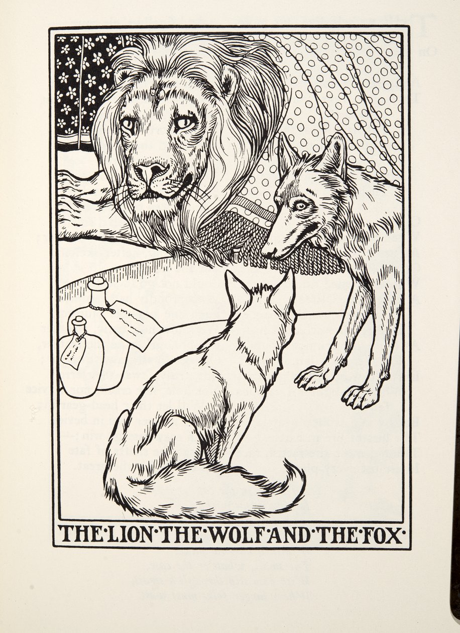 The Lion, the Wolf and the Fox, fra Fontaine Fables, pub. 1905 af Percy J. Billingshurst