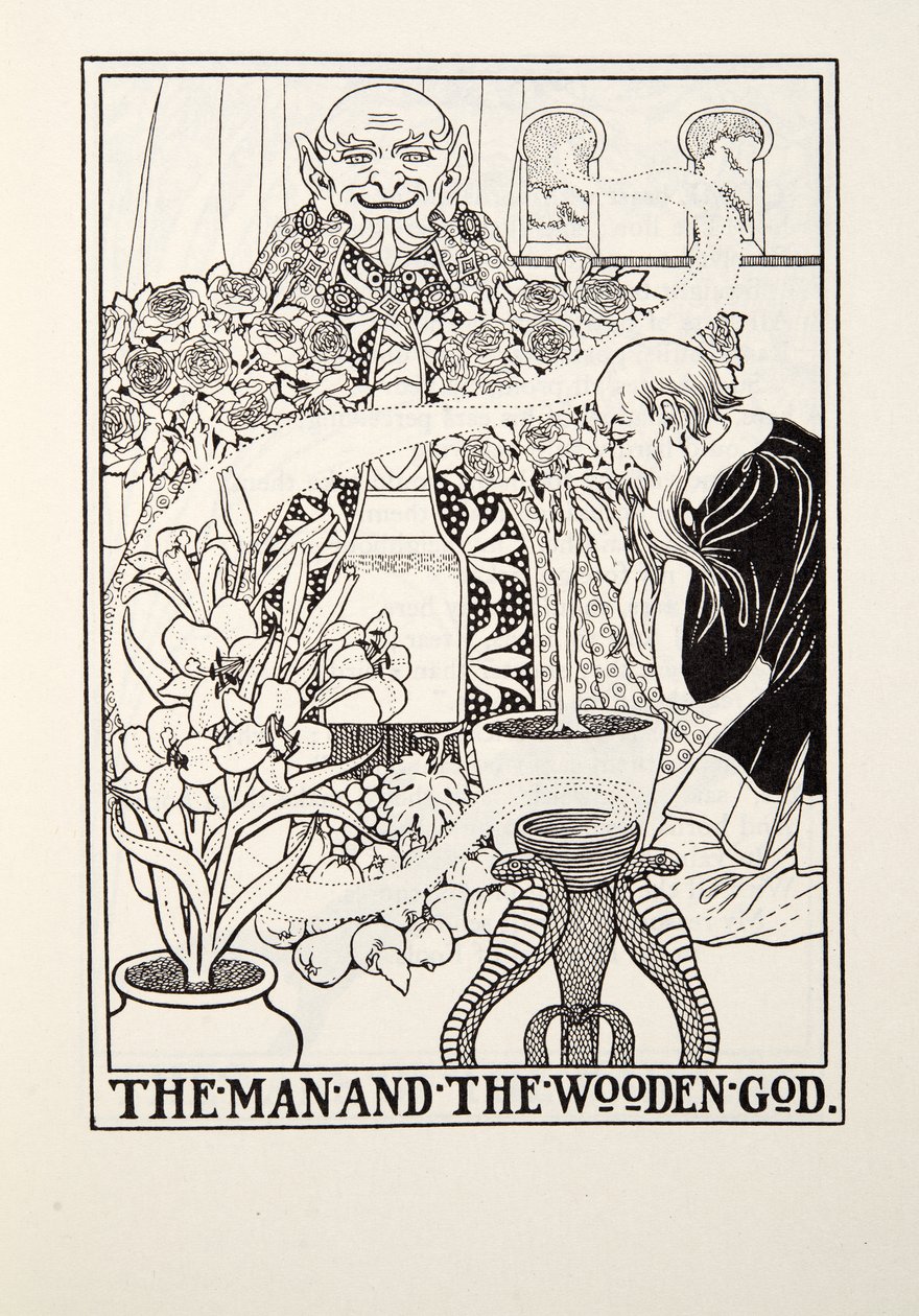 The Man and the Wooden God, fra Fontaine Fables, pub. 1905 af Percy J. Billingshurst