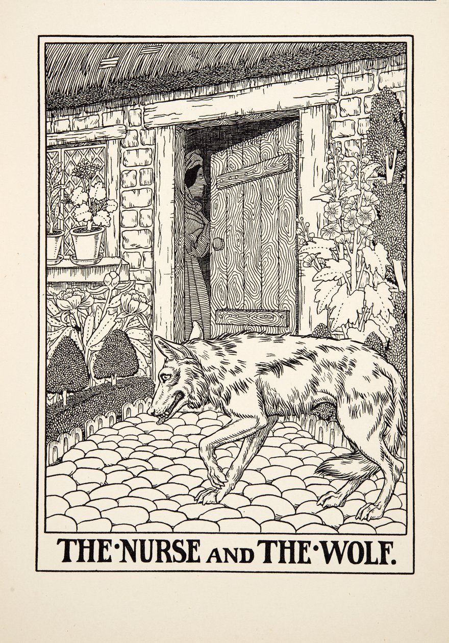 Sygeplejersken og ulven, fra Æsops hundrede fabler, udg.1903 af Percy J. Billingshurst