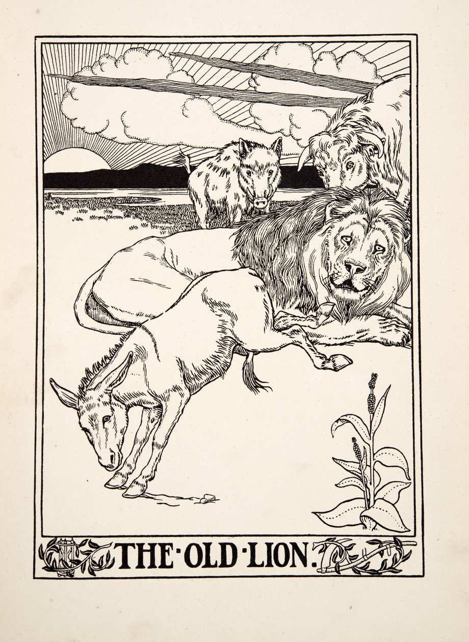 Den gamle løve, fra Aesops hundrede fabler, pub.1903 af Percy J. Billingshurst