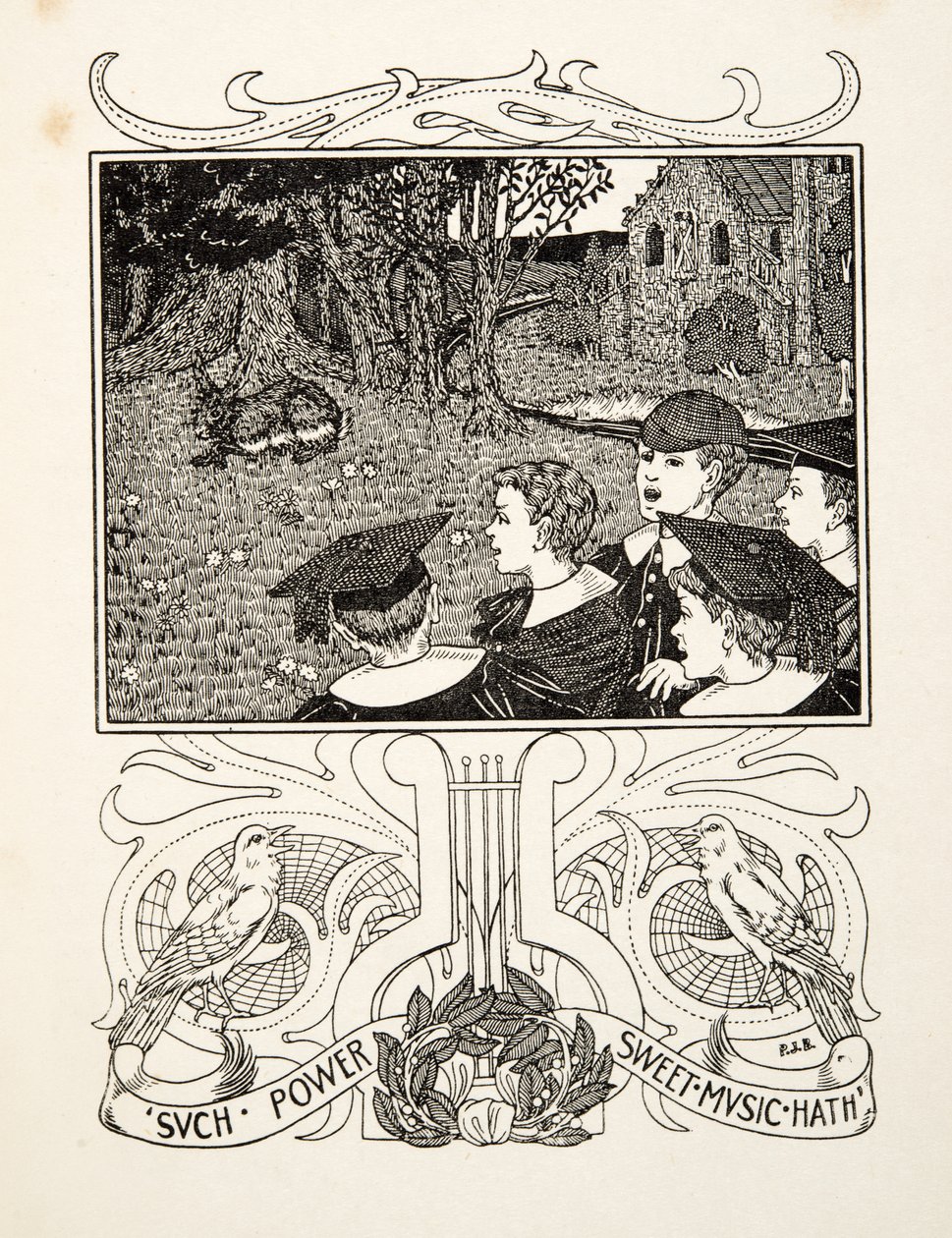 Musikkens kraft, fra A Hundred Anecdotes of Animals, udgivet af A Hundred Anecdotes of Animals, pub. 1924 (gravering) af Percy J. Billingshurst