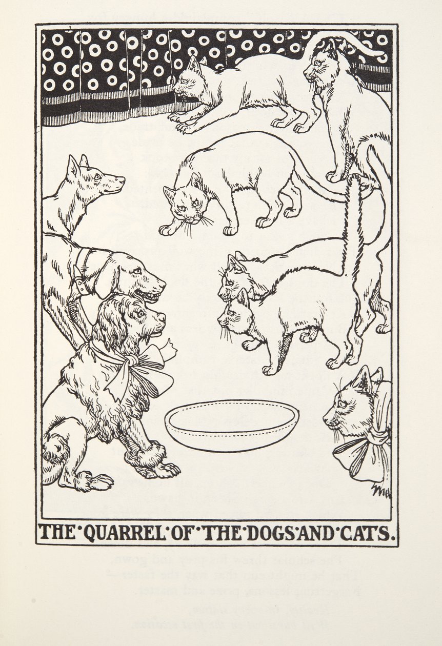 The Quarrel of the Dogs and Cats, fra Fontaine Fables, pub. 1905 af Percy J. Billingshurst