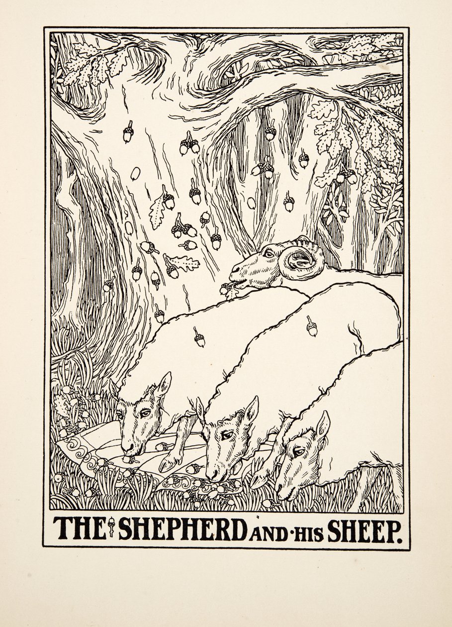 Hyrden og hans får, fra A Hundred Fables of Aesop, pub.1903 (gravering) af Percy J. Billingshurst