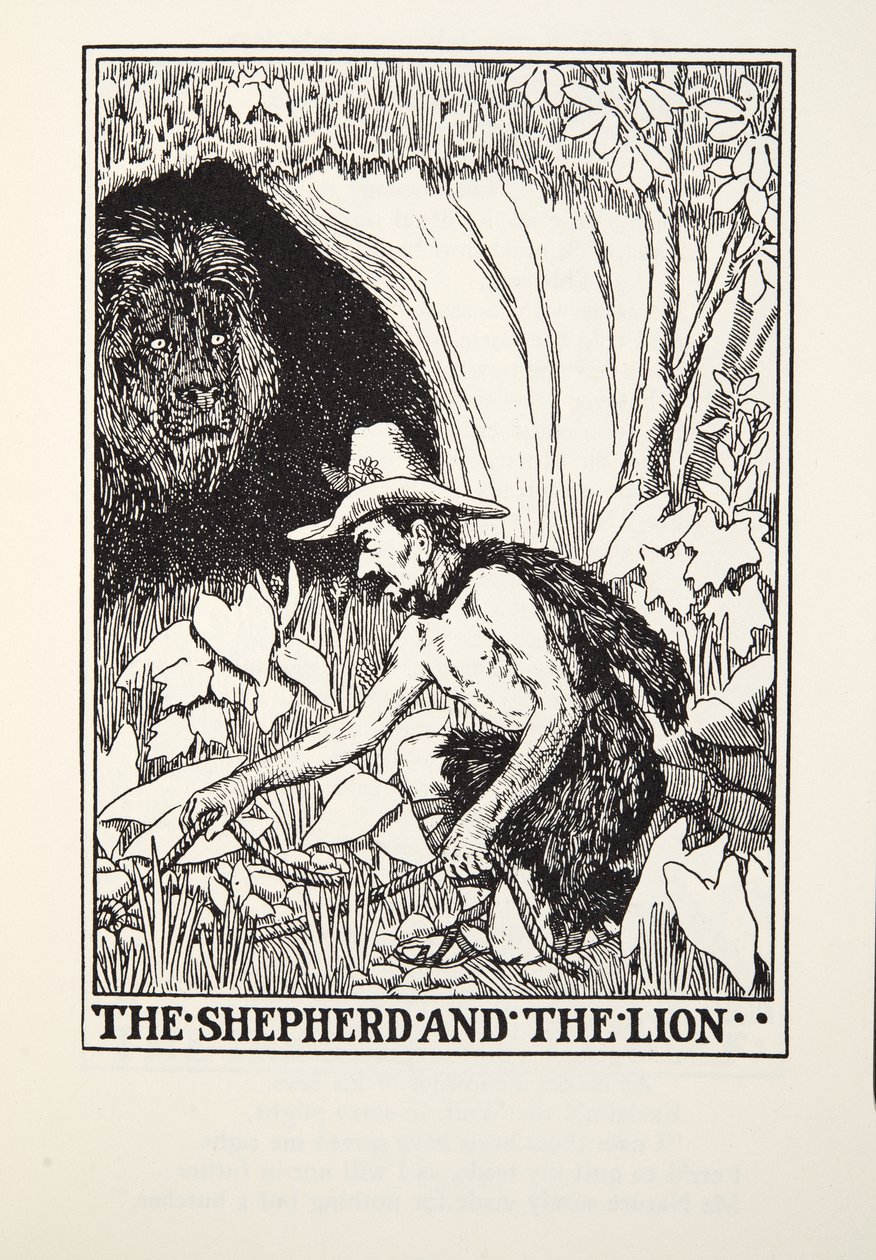 Hyrden og Løven, fra Fontaine Fables, pub. 1905 af Percy J. Billingshurst
