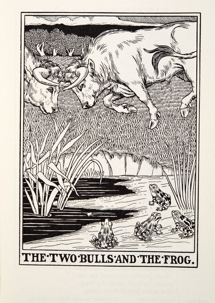 The Two Bulls and the Frog, fra Fontaine Fables, pub. 1905 af Percy J. Billingshurst