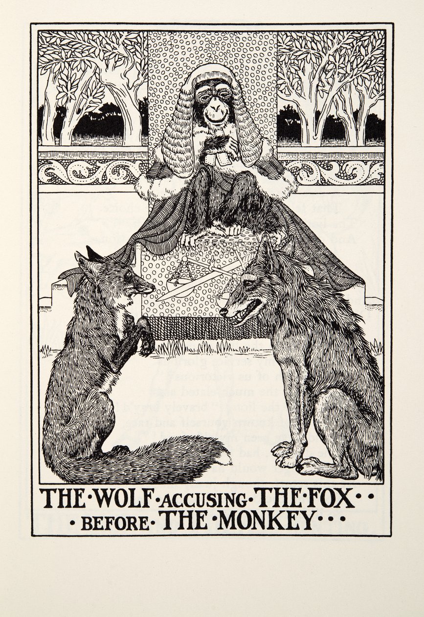 The Wolf, der anklager ræven før aben, fra Fontaine Fables, pub. 1905 af Percy J. Billingshurst