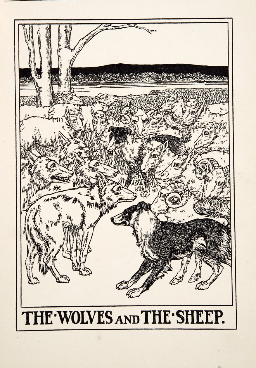 The Wolves and the Sheep, fra A Hundred Fables of Aesop, pub.1903 (gravering) af Percy J. Billingshurst