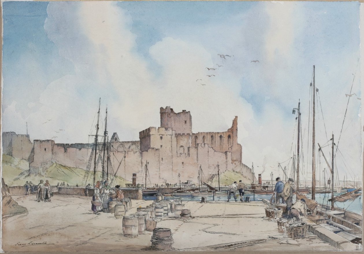 Peel Castle, Isle of Man (blyant og akvarel på papir) af Percy Lancaster
