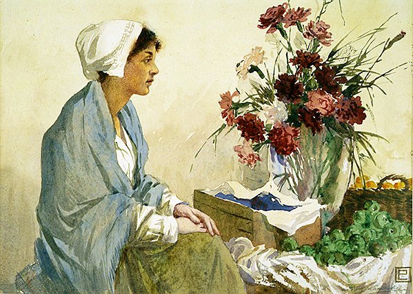 Blomstersælgeren (akvarel på papir) af Percy Lancaster