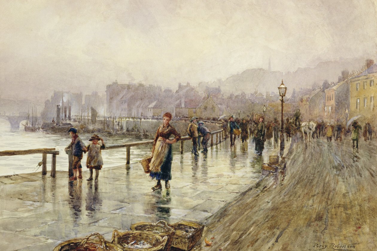 En våd dag i Whitby (akvarel på papir) af Percy Robertson