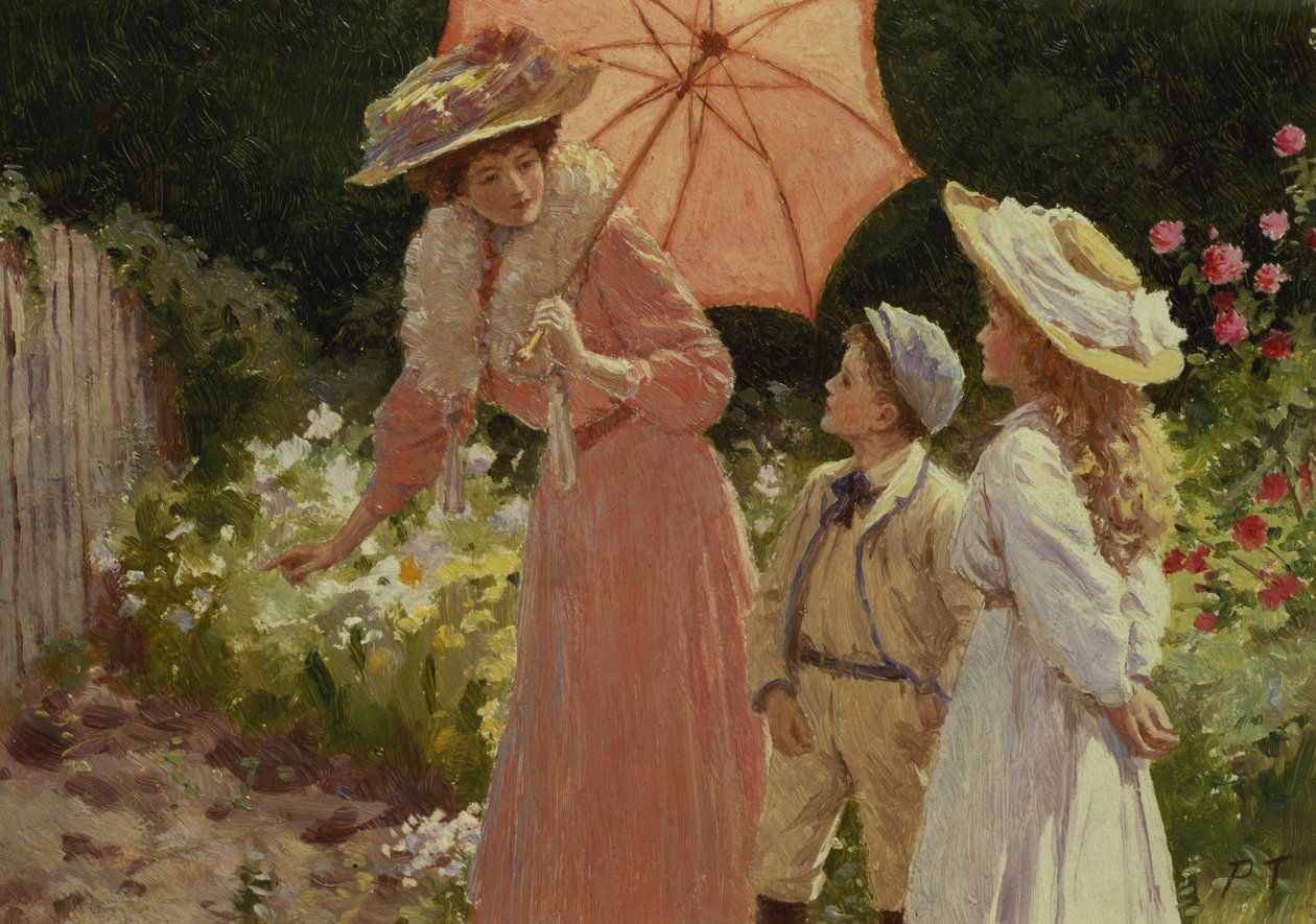En dame med en parasol viser, hvordan man laver en jordbærtønde af Percy Tarrant