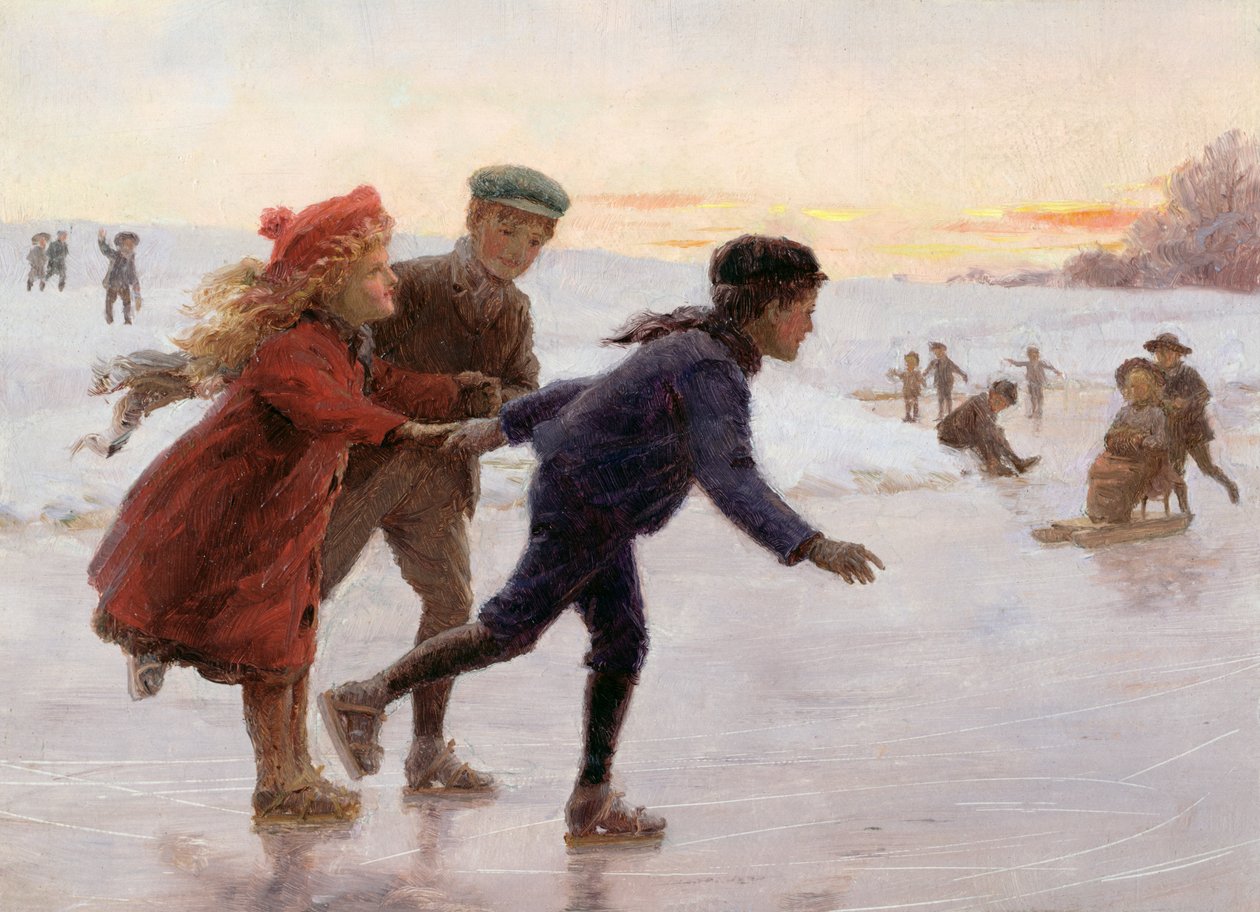 Børn, der løber på skøjter (olie om bord) af Percy Tarrant
