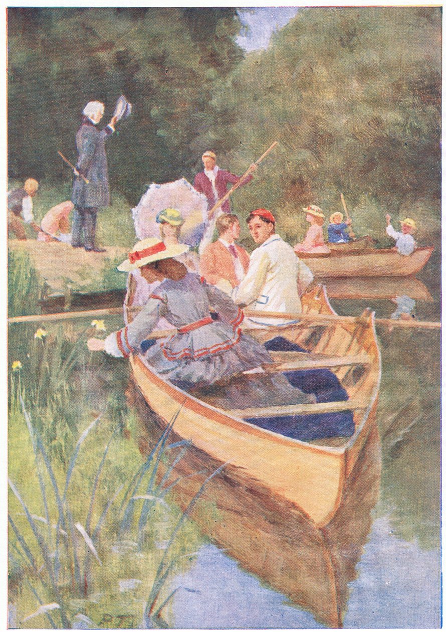 Laurie og Jo roede én båd, fra Little Women udgivet af Associated Newspapers Limited, ca. 1940 (farve litho) af Percy Tarrant