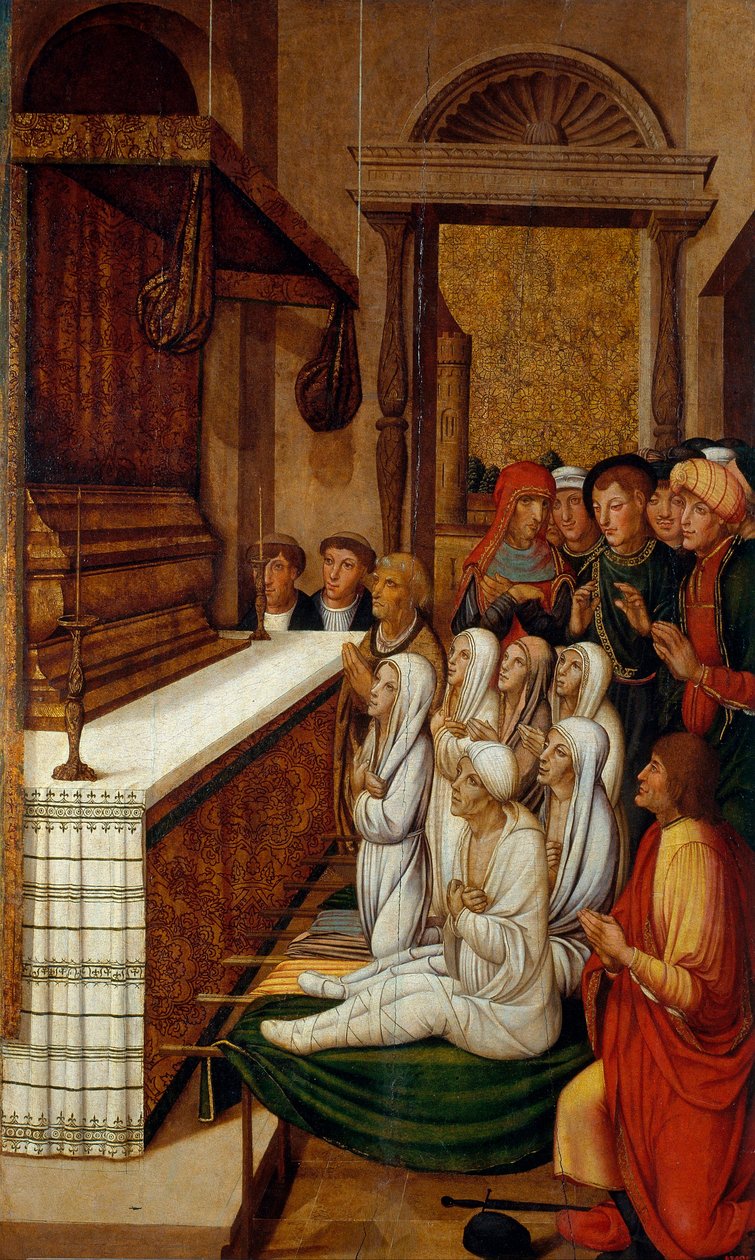 Seks opstandelser devant les reliques de saint Etienne - Seks opstandelser før relikvier fra Saint Stephen - Peinture de Pere (Pedro) Gasco (1502/05-1546) - ca. 1535 - Tempera på panel - 146,7x88,5 - Museu Nacional d 