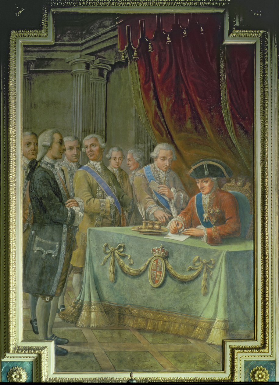Charles III (1716-88) underskriver dekretet, der tillader handel med Asien og Filippinerne af Pere Pau Muntanya