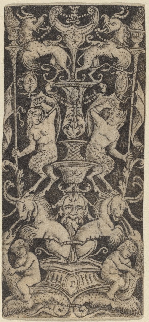 Panel af ornament med to nøgne børn på monstrøse bæster af Peregrino da Cesena