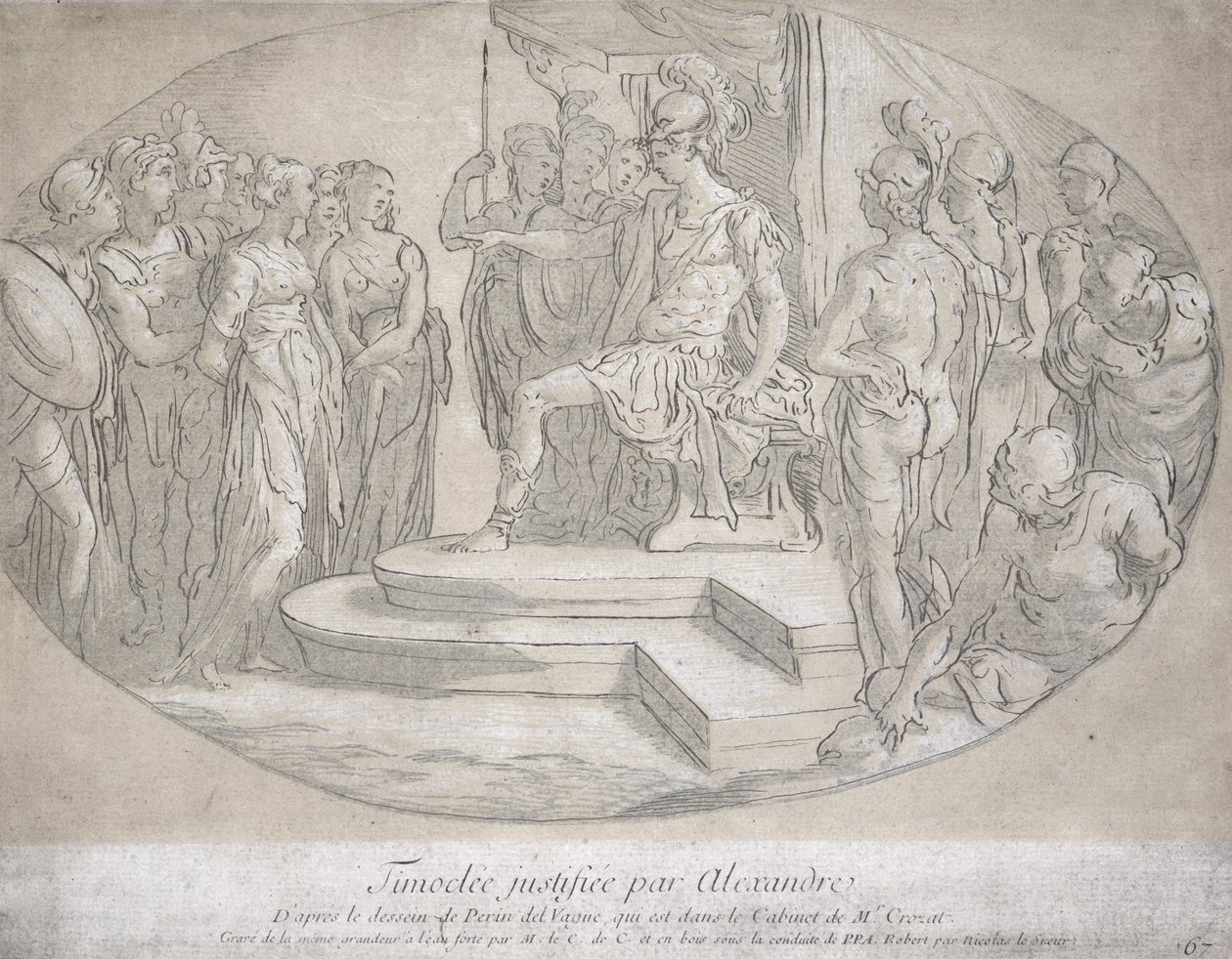 Alexandre et Timoclee, graveret af Nicolas Lesueur (1691-1764) (litho) af Perino del Vaga