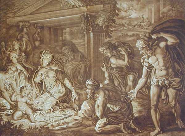 Hyrdernes tilbedelse, indgraveret af Elishah Kirkhall (1682-1742) 1724 (farve litho) af Perino del Vaga