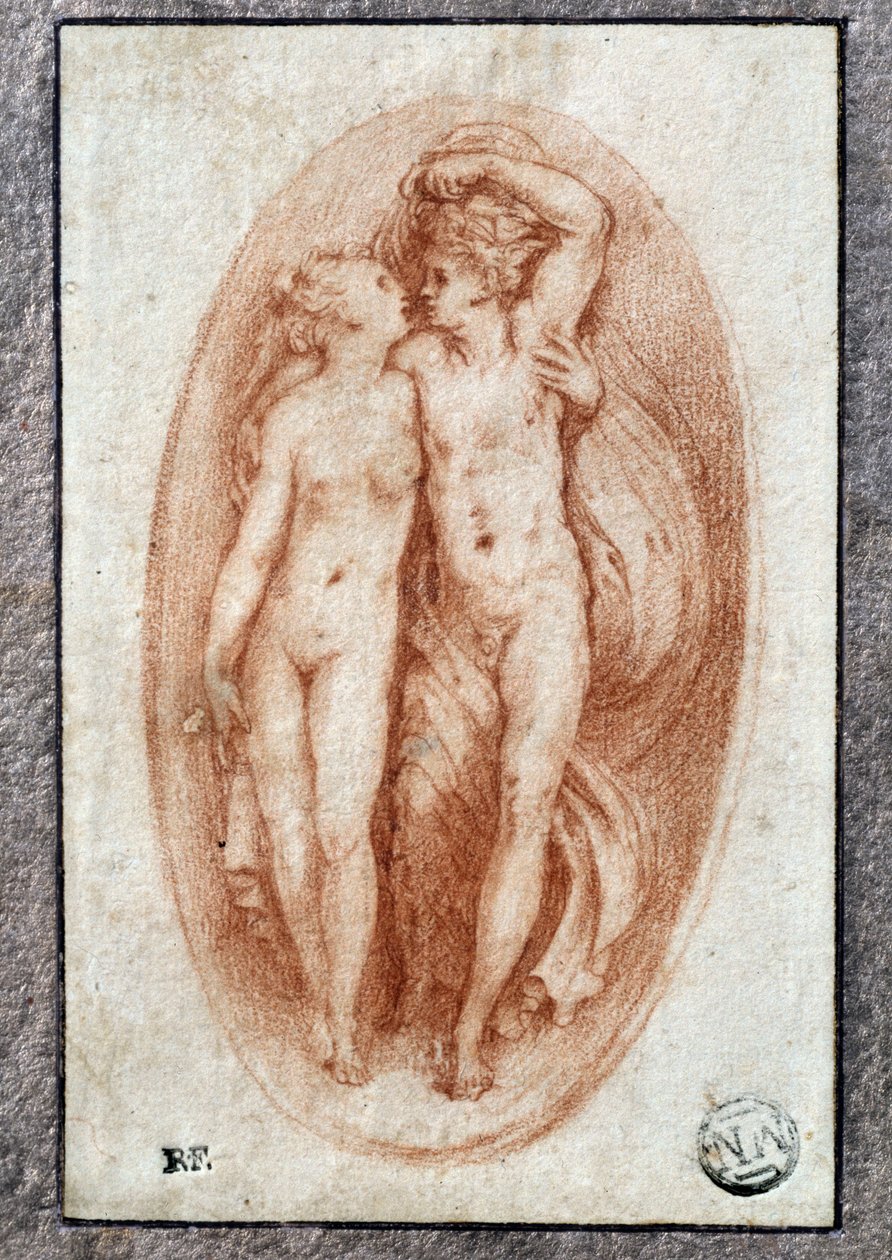 Par omfavner. Tegning a la sanguine af Pietro Buonaccorsi (1500-1546 / 47) også kendt som Pierino del Vaga af Perino del Vaga