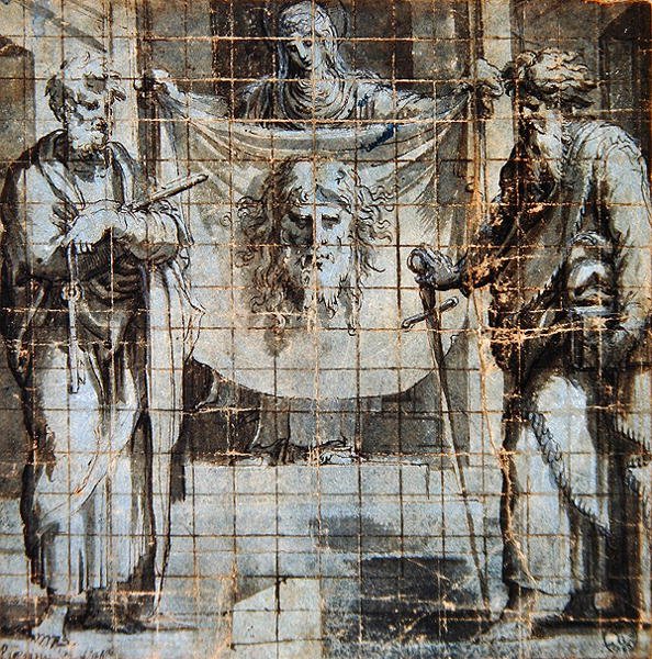 St. Veronica med SS. Peter og Paul (pen & blæk og vask på papir) af Perino del Vaga