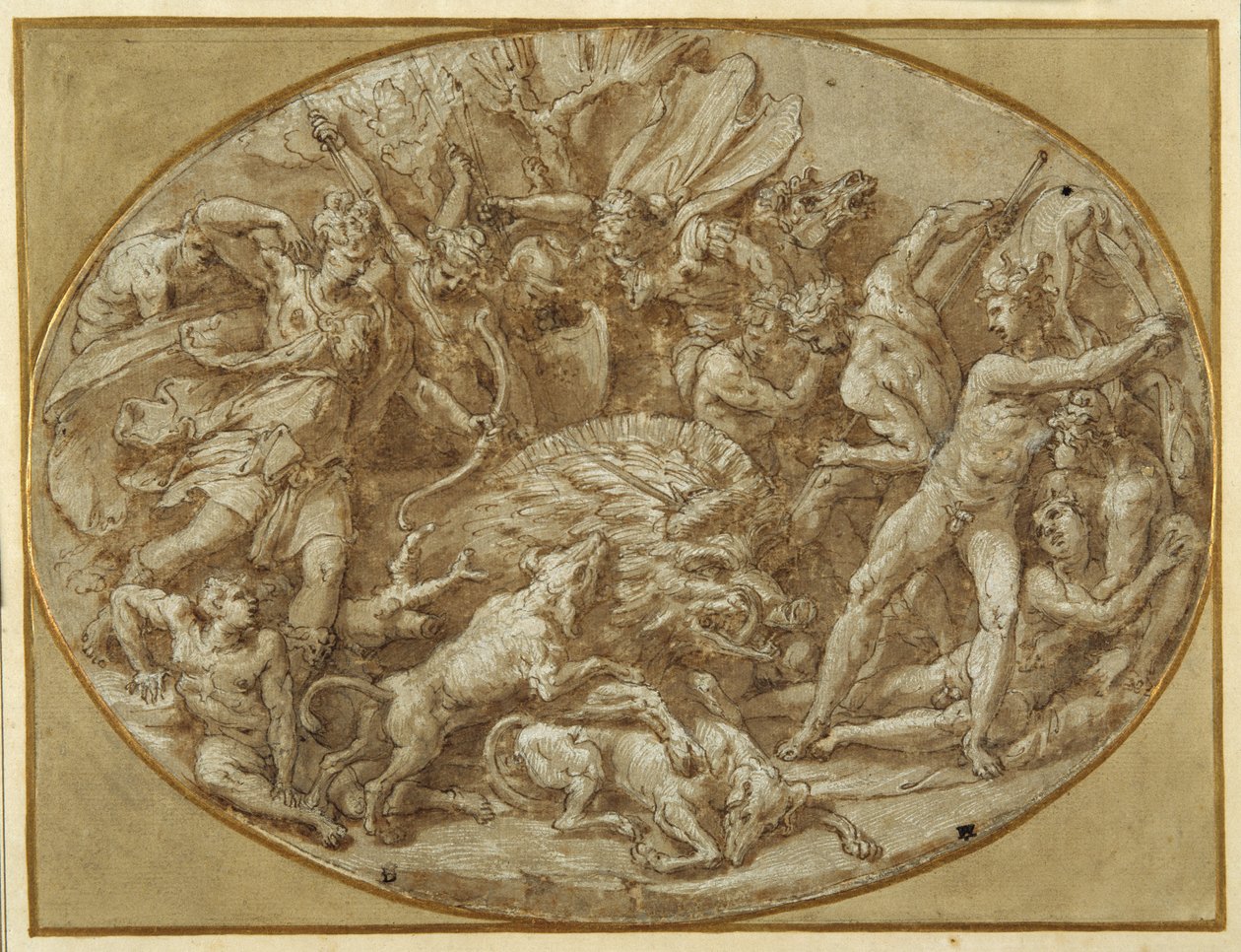 The Hunt of the Calydonian Boar (pen & blæk med brun vask og hvid forhøjning på papir) af Perino del Vaga