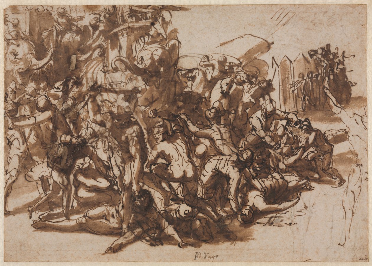 Poros angrebet af den makedonske hær recto, Skitser af dyr verso, ca. 154547. af Perino del Vaga