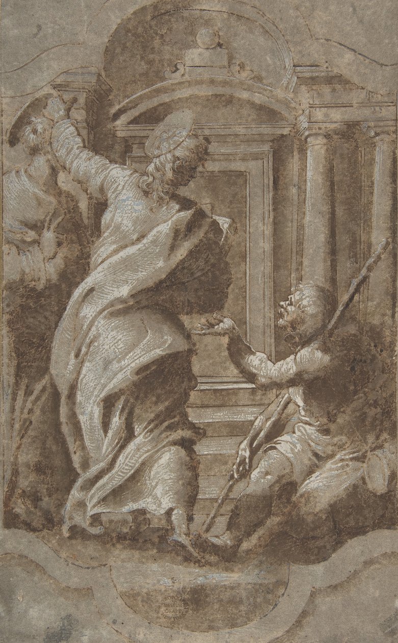 De hellige Peter og Johannes helbreder en krøbling ved templets port, 1501-47. af Perino del Vaga