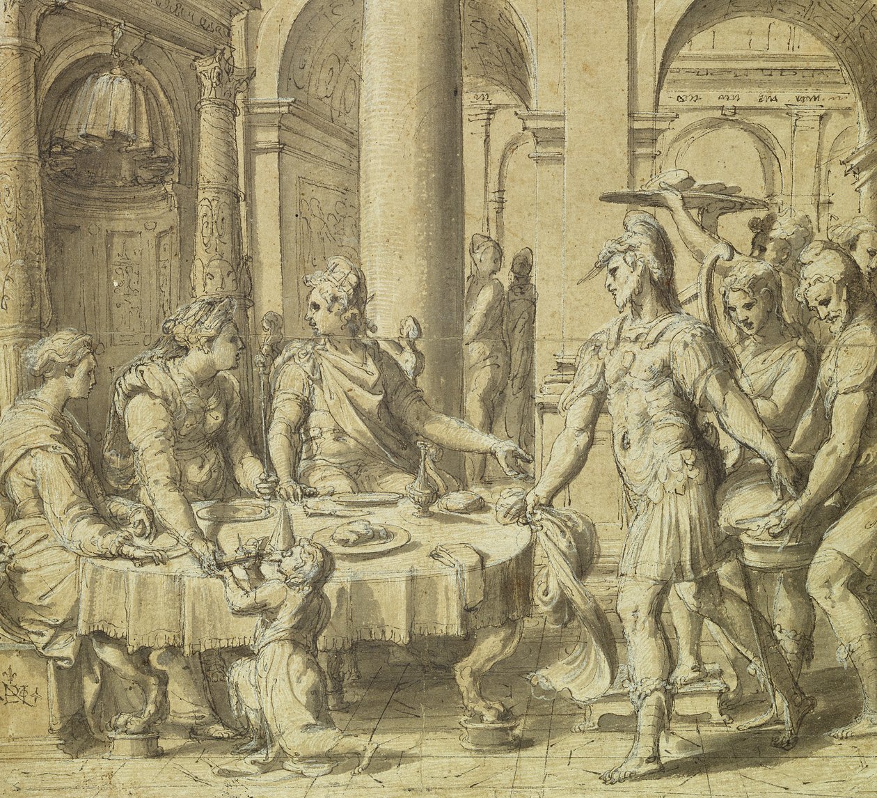 The Banket of Dido and Aeneas, model til et gobelin i Story of Aeneas-serien, ca. 1532 (pen og blæk og vask på papir) af Perino del Vaga
