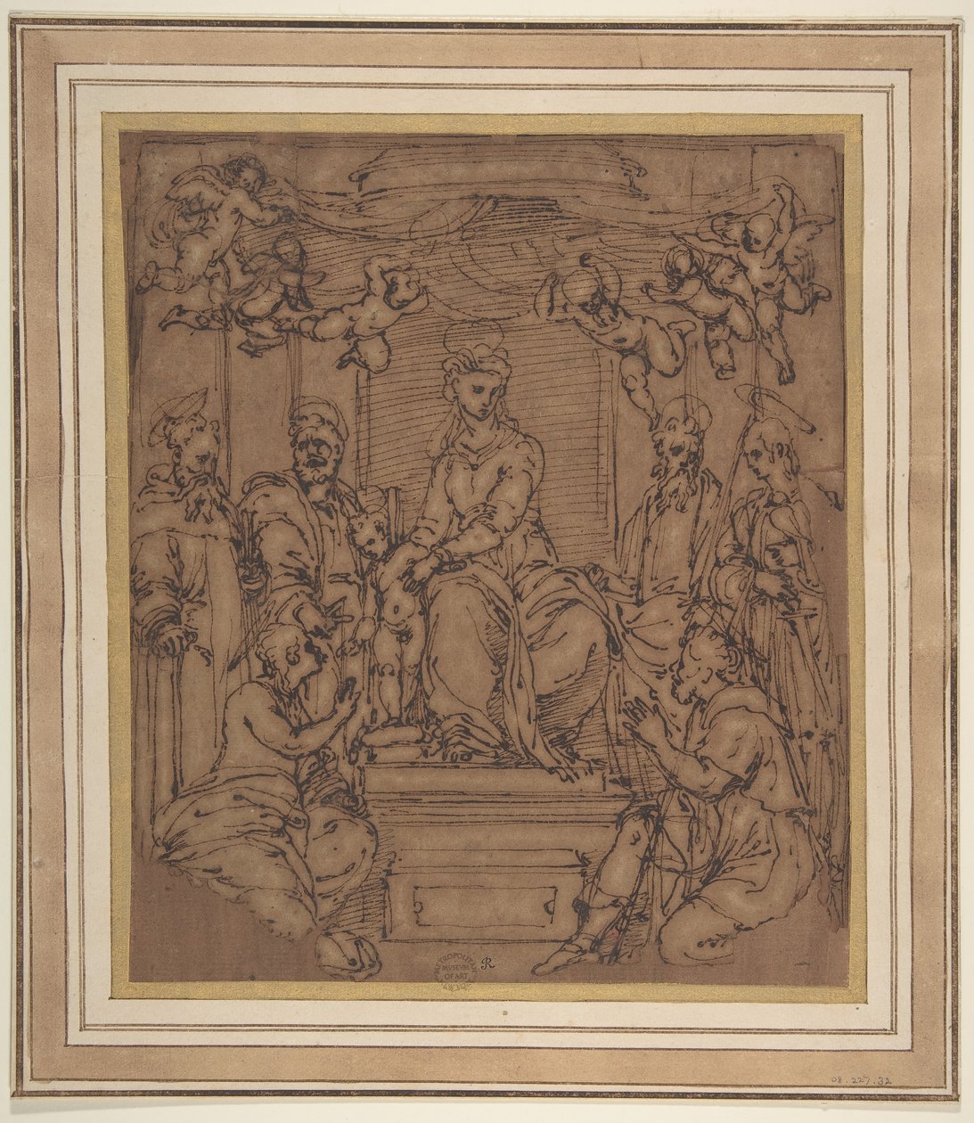 Jomfru og barn på tronen med Saint Anthony Abbed, Saint Peter, Saint Paul..., 1522-23. af Perino del Vaga