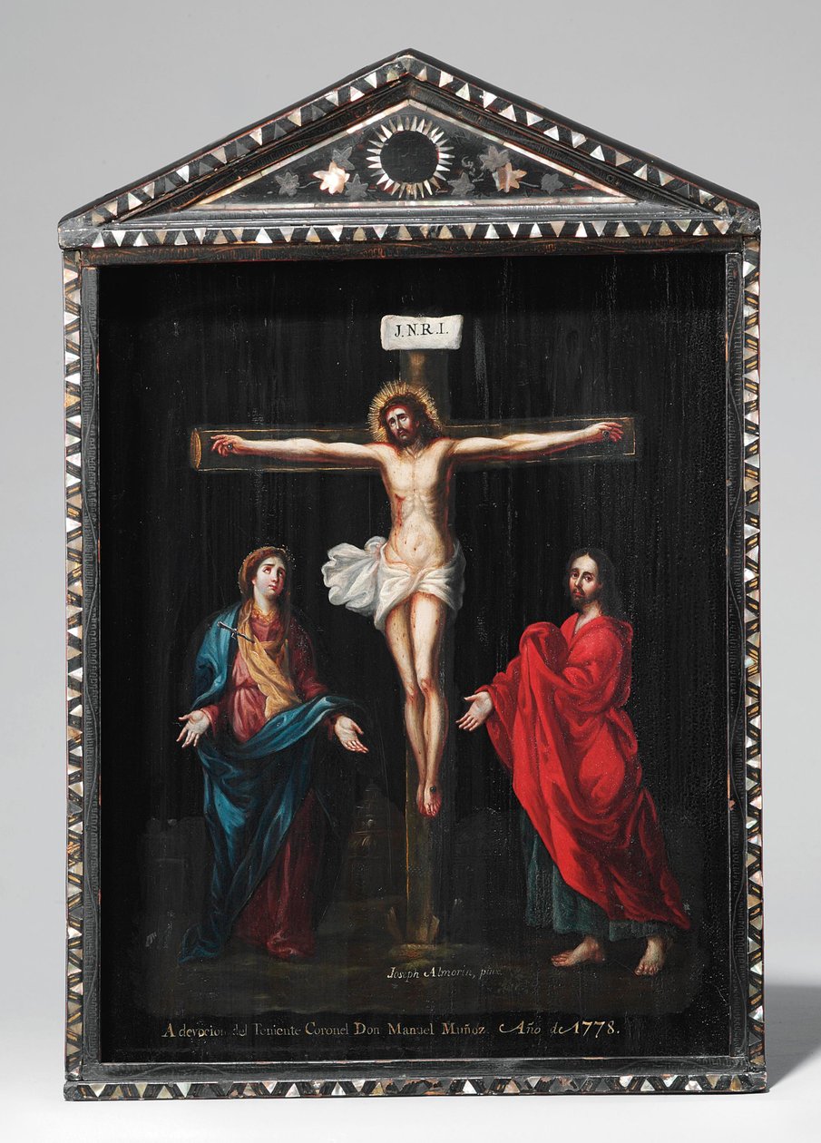 En Christian Lacquer Shrine (Seigan), maleri fra 1700-tallet (olie på panel med perlemor, guld og sølv) af Period Momoyama