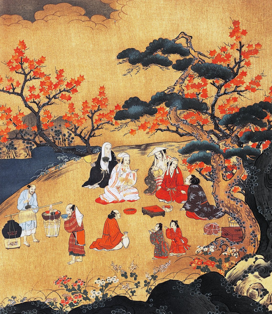 Kvinder ser på ahorntræer i Takao, skærm, Azuchi-Momoyama periode (1568-1600), Japan 16. århundrede, detalje af Period Momoyama