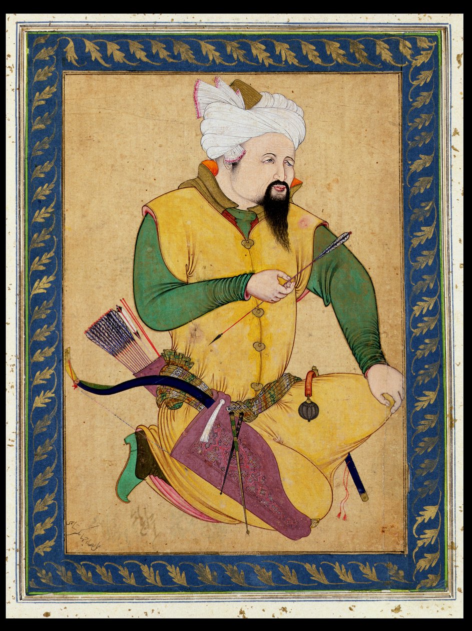 En turkomansk eller mongolsk høvding, der holder en pil, fra Large Clive Album, 1591-92 (maling på bomuld) af Persian School