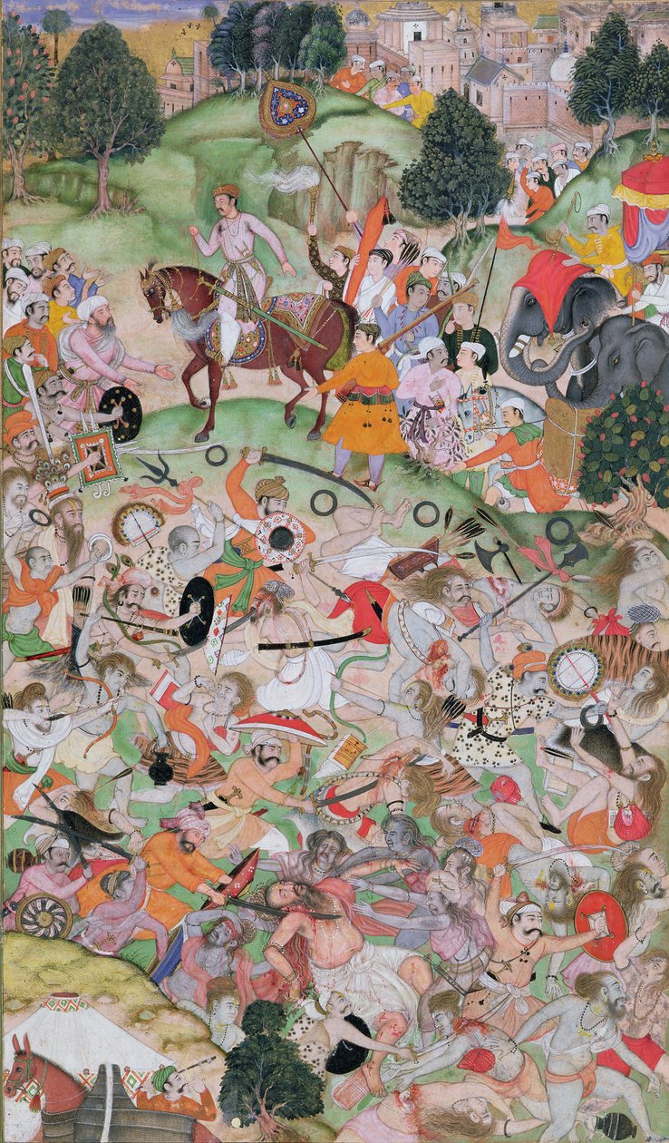 Akbar bistår i asketernes skænderi, fra Akbarnama, Mughal, ca. 1590-95 (ugennemsigtigt wc & guld på papir) af Persian School