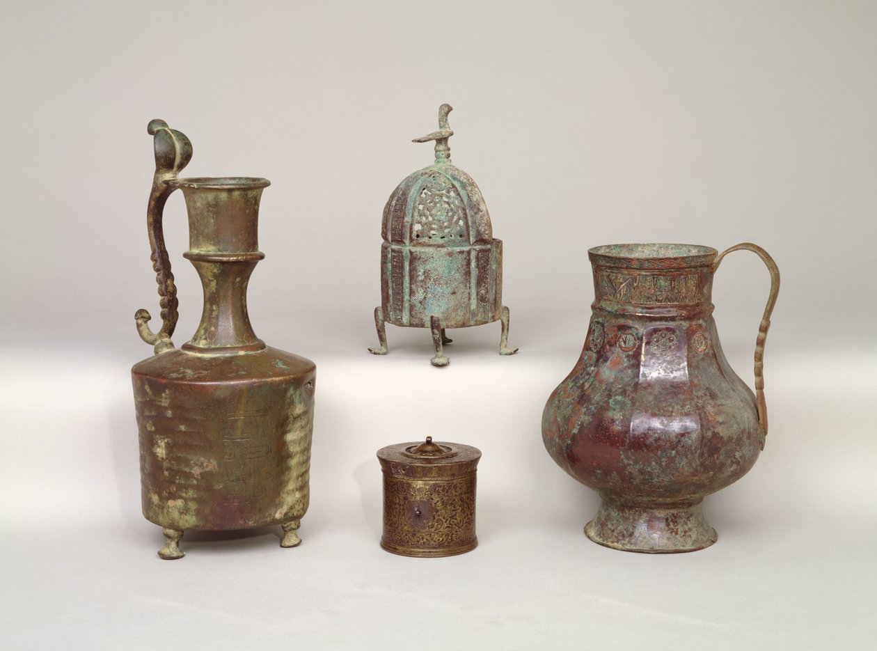 Røgelse, kande, blækglas og kande fra det 12.-13. århundrede (bronze) af Persian School