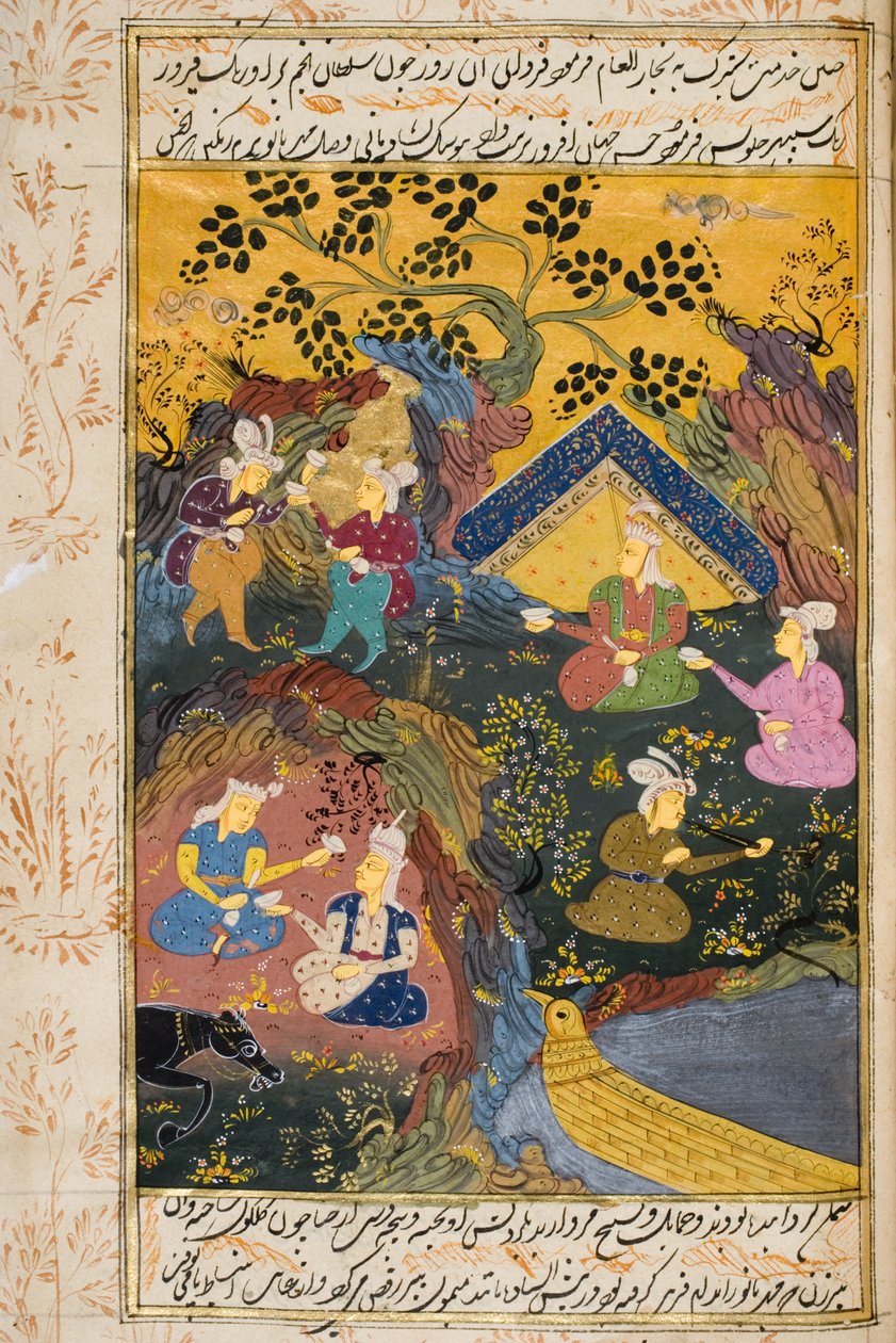 Drinking party udendørs ved en flod eller sø (uigennemsigtigt wc og guld på papir) af Persian School