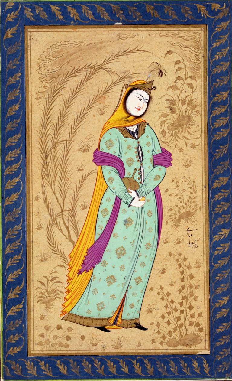 Pige med et vinkar og en pære, fra Large Clive Album, ca. 1630-35 af Persian School